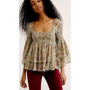 NWT Free People Golden Age Floral Smocked Peasant Top XS Boho Fairy Whimsy